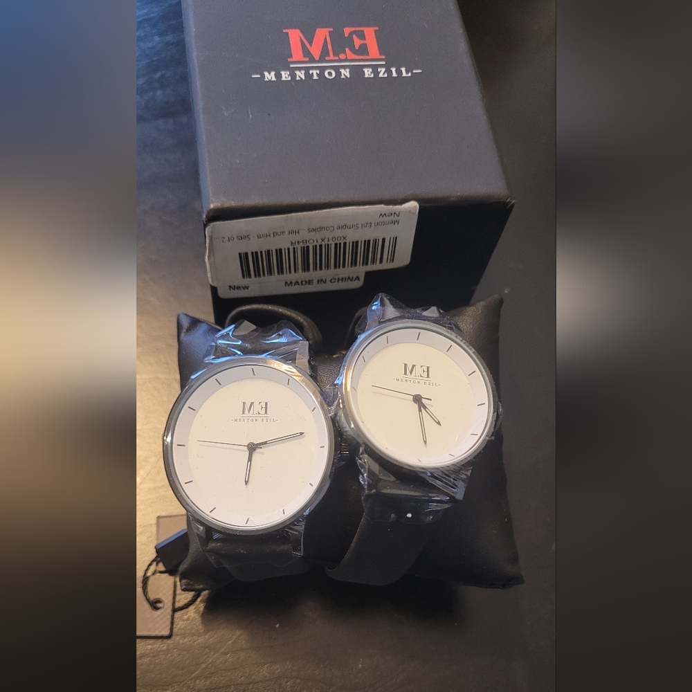 Menton Ezil Classic His & Hers Couples Matching Watches White Dial Leather Band.